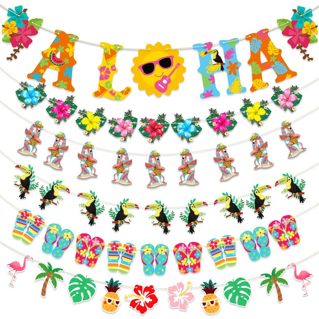 Summer Beach Party Decor Pineapple Flamingo Flower Banner Tropical Bird Aloha Sun Garlands Happy Hawaiian Party Decors Banner