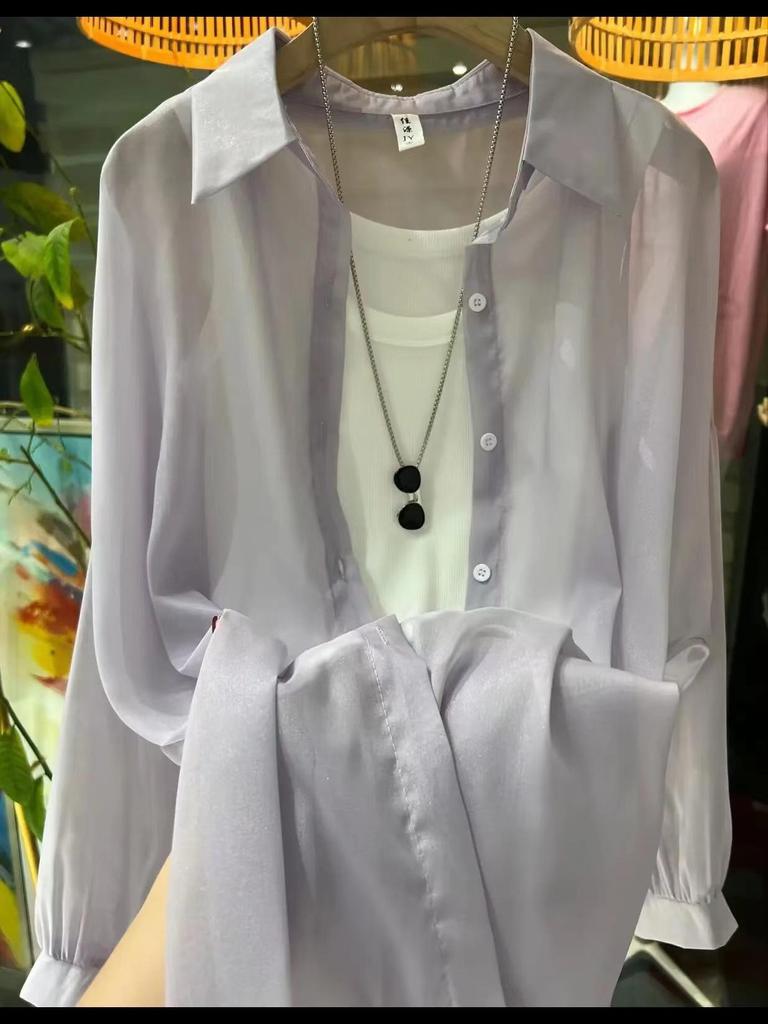 Летняя мода 2024 года Полупрозрачная рубашка средней длины из жемчужной пряжи - Легкая, универсальная защита от солнца