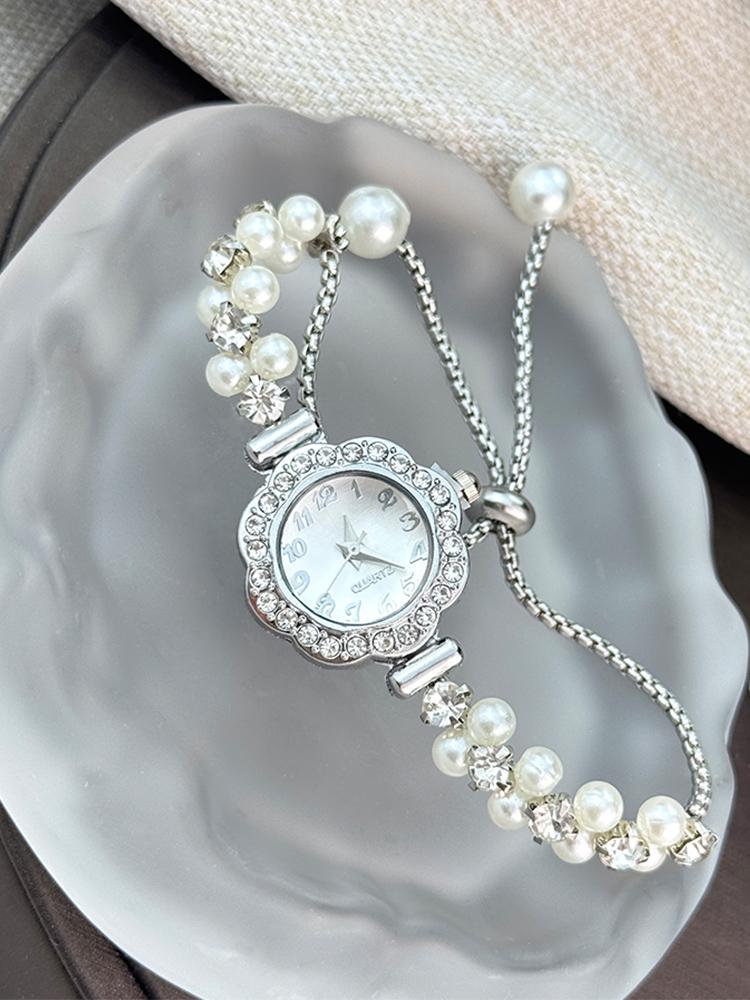 French Romantic Pearl Slide-On Bracelet Watch for Women with Flower Diamond Inlay Fashion Quartz Timepiece Lady's Accessory