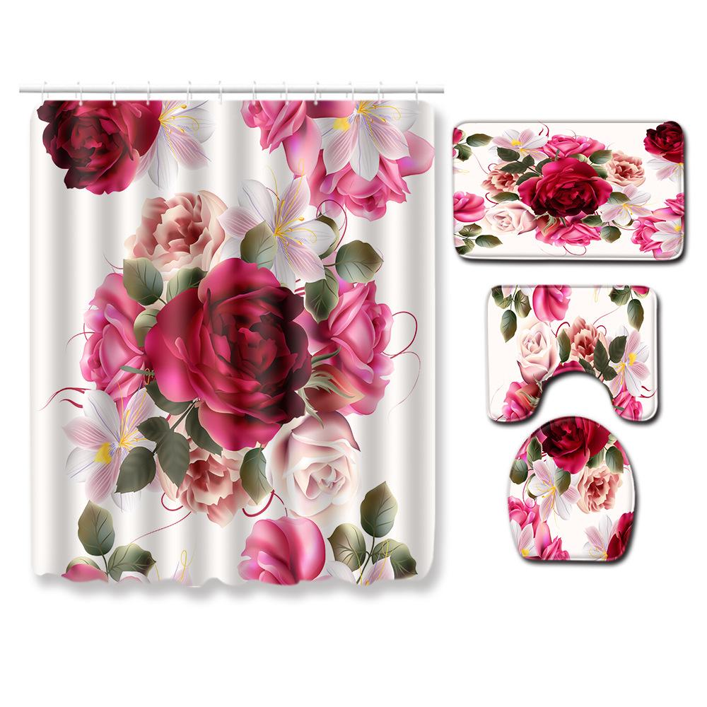 Painted Flowers Bathroom Shower Curtain Floor Mat Toilet Cover Foot Mat Four-Piece Pattern Size Fixed Zhi
