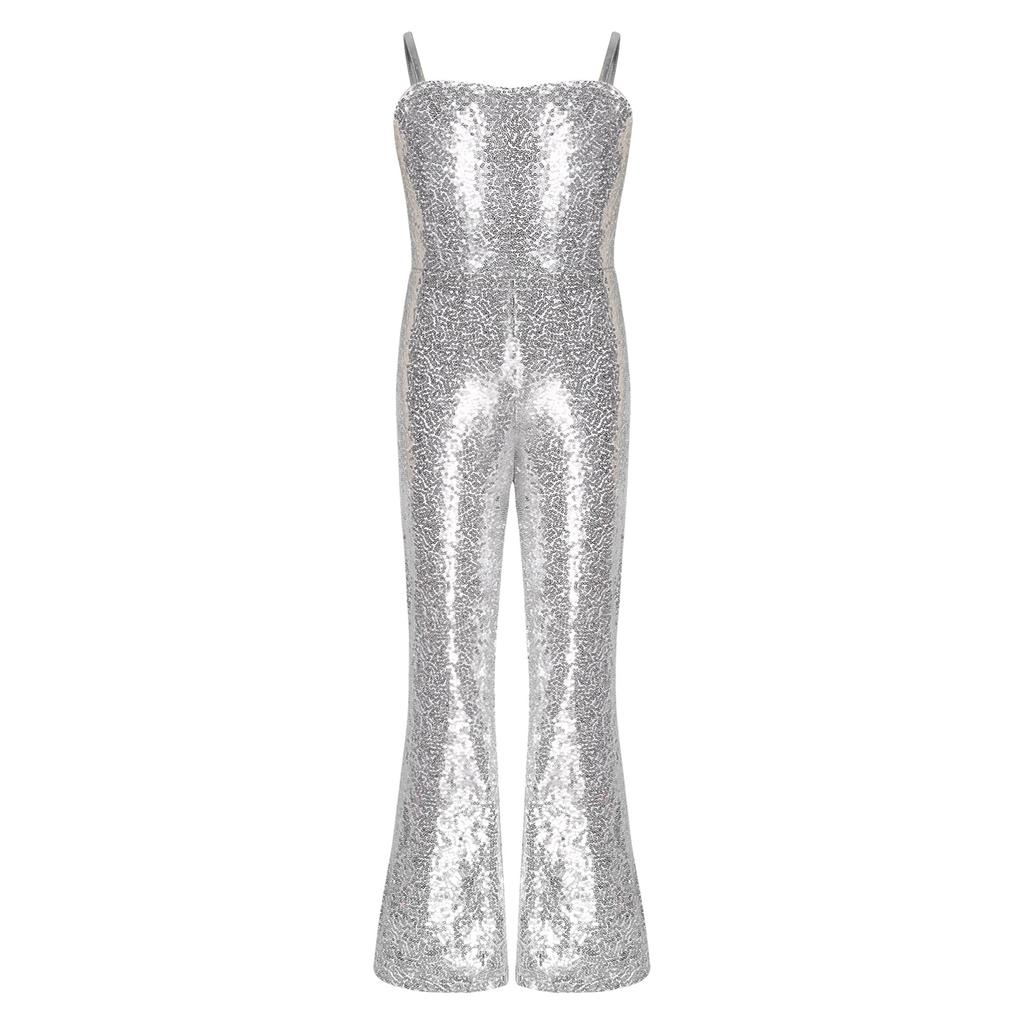 Girls Character Cosplay Costume Spaghetti Straps Bell Bottom Shiny Sequins Zipper Jumpsuit Movie Role Play Dress