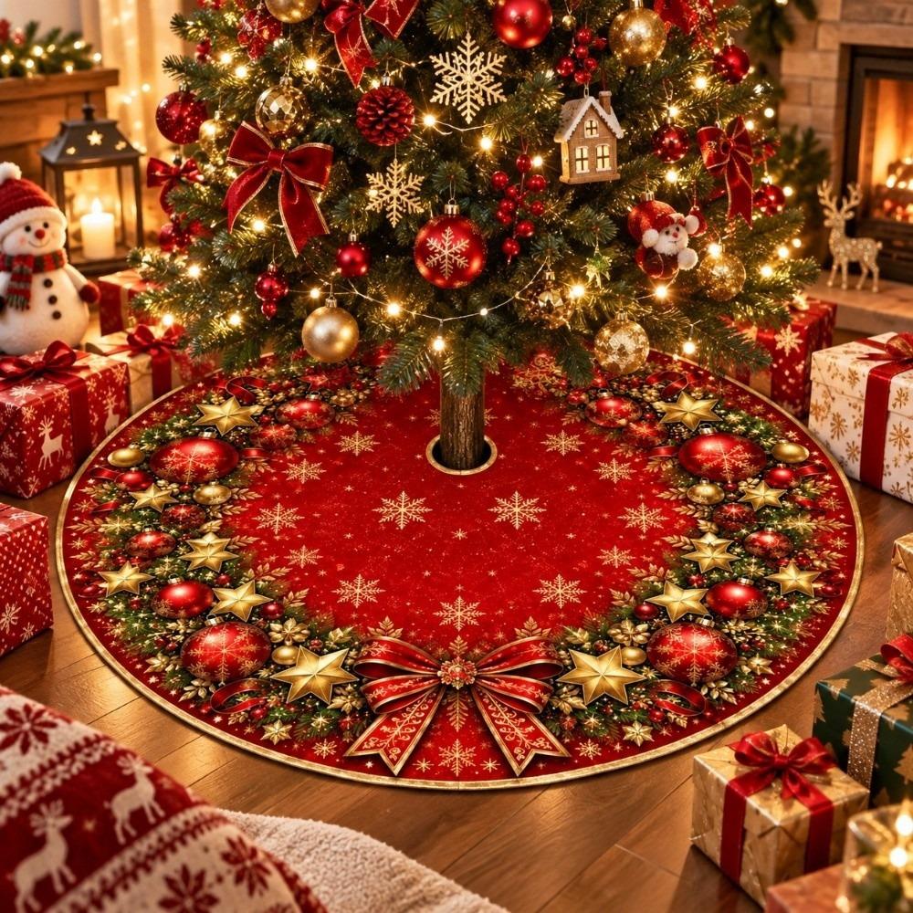 Santa Claus Christmas Tree Skirt Poinsettia Flower Christmas Decorations Holiday