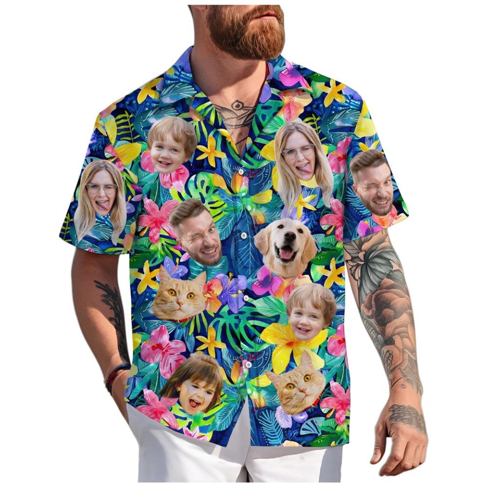 Custom Adult Kid Pet Face Hawaiian Shirts Summer Fashion Short Sleeve Personalized 3D Printed Shirt Loose Breathable DIY Blouses