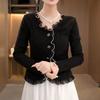 Женская весенне-осенняя приталенная рубашка во французском стиле с V-образным вырезом, однотонная блузка на пуговицах с отделкой