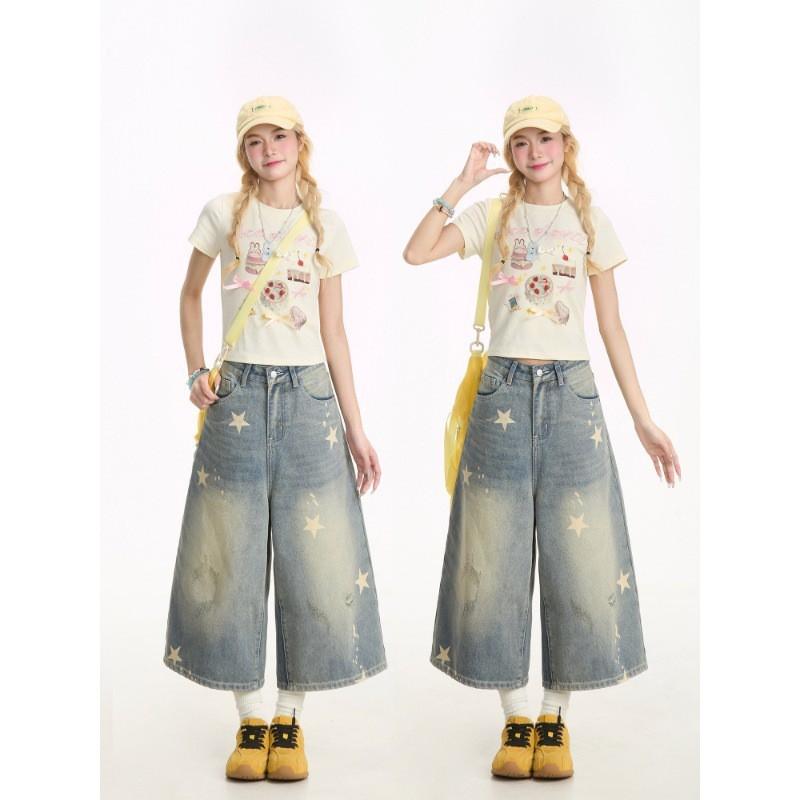 Womens Vintage Star Embroidered Denim Shorts Loose Wide Leg Casual Cropped Jeans