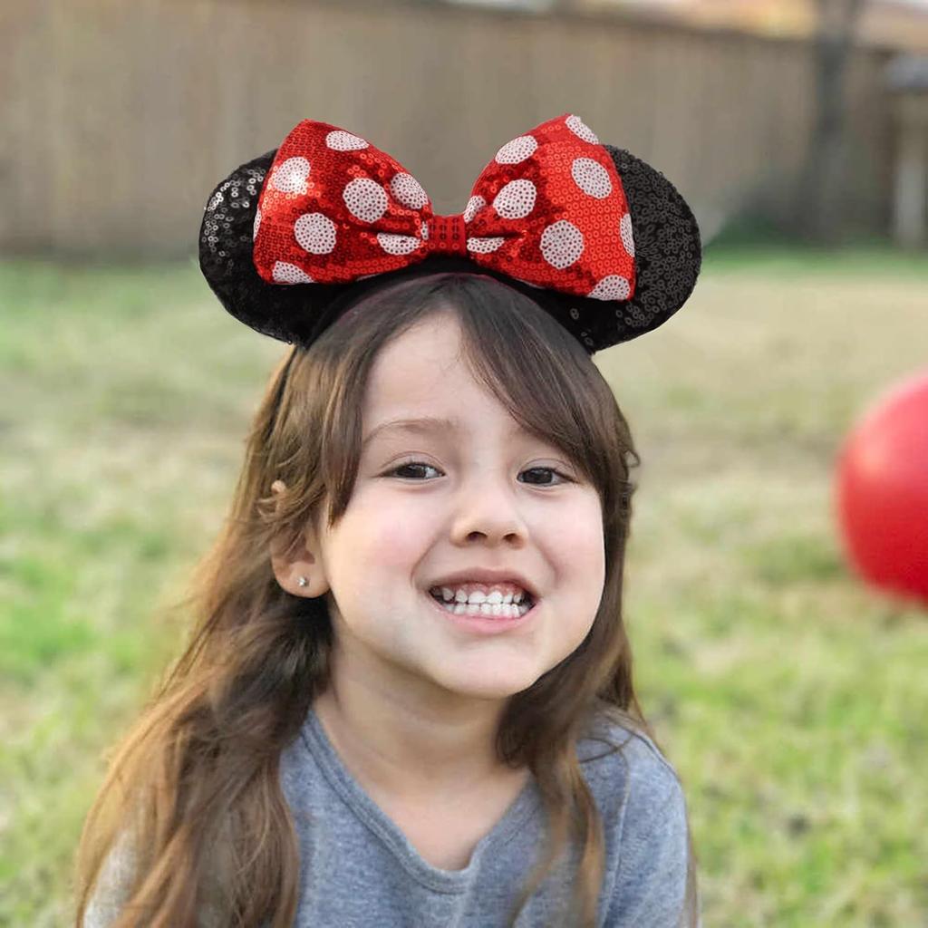 Shiny Sequin Mouse Ear Headbands, 2 PCS Classic Bow Headbands for Adult Women and Girls (Red Sequin & Red Dot)