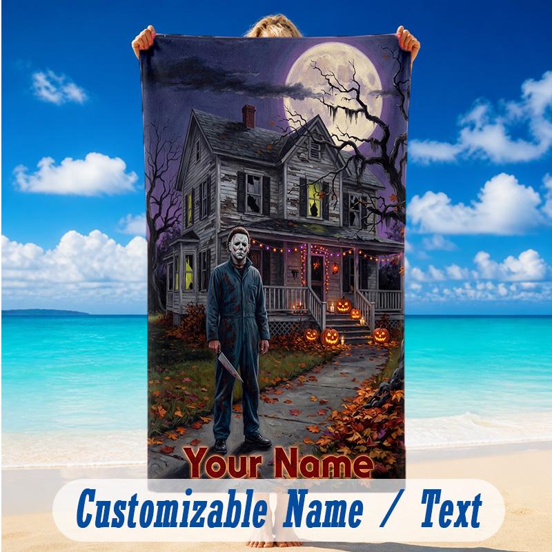Beach Towel Custom Name Text, Quick Dry Large Towel For Beach HomeHalloween Michael Myers
