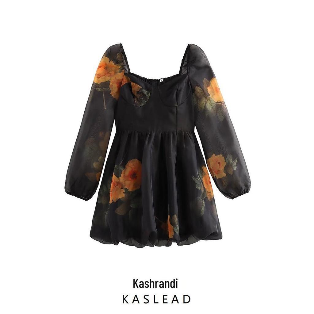 2024 Autumn Women's European-American Fashion Tulip Print Organza Skirt