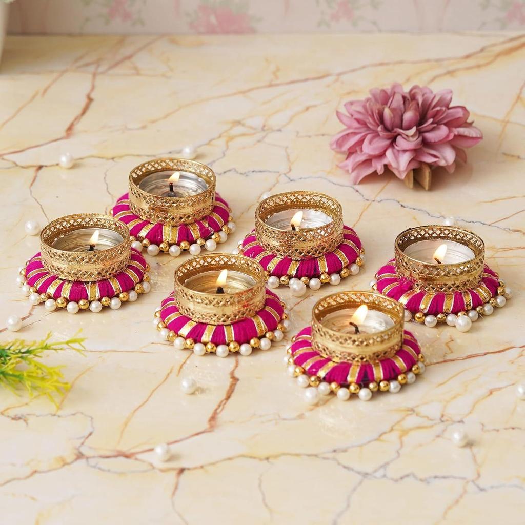Set of 6 Pink & Golden Round Shaped Beaded Decorative Tea Light Candle Holders - Perfect for Diwali, Navratri, and Christmas Festivals
