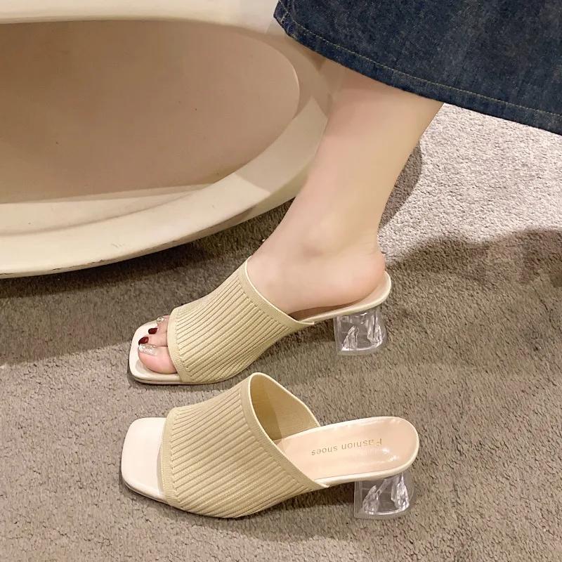 Fashion New Fashion Summer Sexy Women's Transparent Thick Heel SandalsElegant Party Banquet Square Toe Medium Heel Mesh Slippers