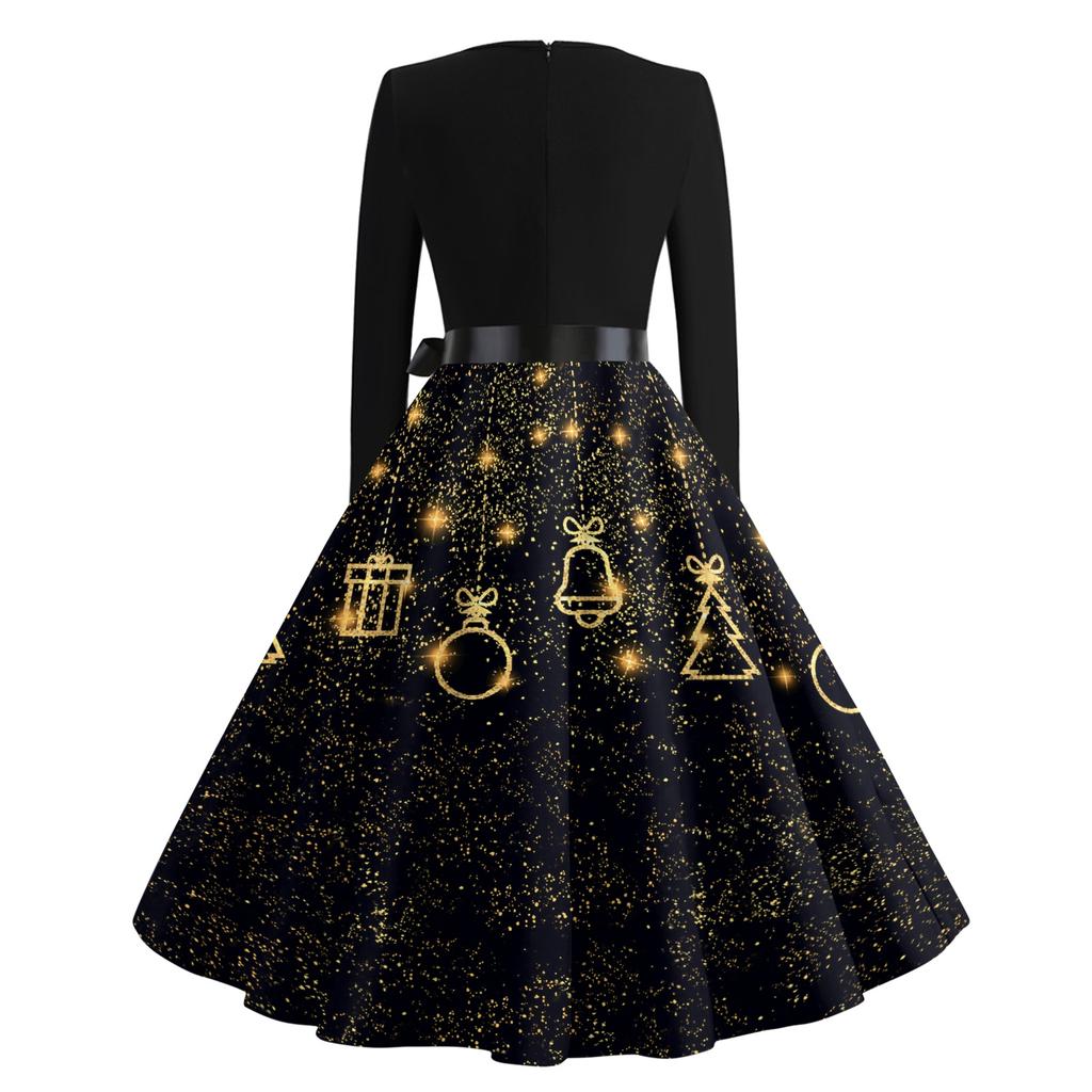 Женские повседневные модные длинные платья с рождественским графическим принтом и длинными рукавами в винтажном стиле