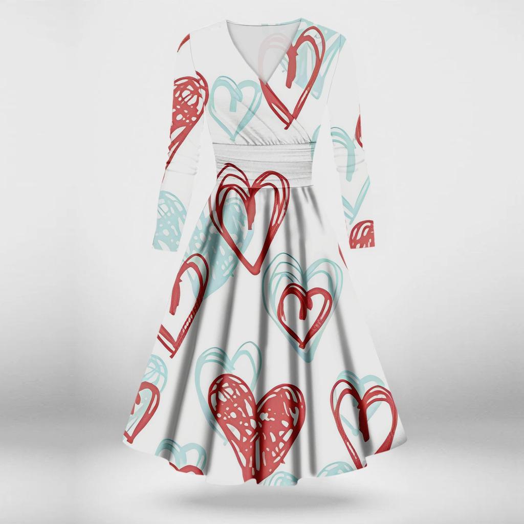 Женское модное повседневное платье с принтом ко Дню святого Валентина, длинными рукавами и V-образным вырезом, сексуальное платье