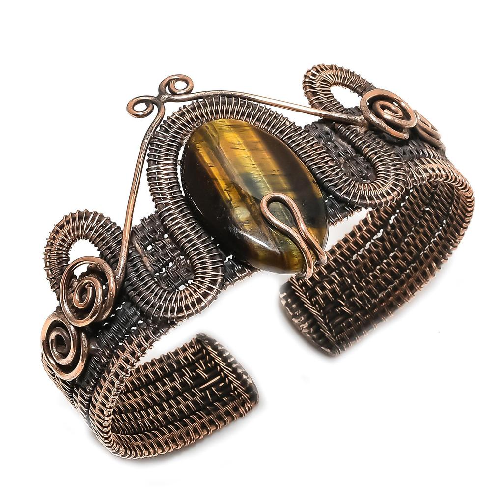 Тигровый глаз, обмотанный медной проволокой 999 пробы, серебряный браслет-манжета, регулируемый, украшения из драгоценных камней ручной работы, подарок для мамы, антикварные украшения
