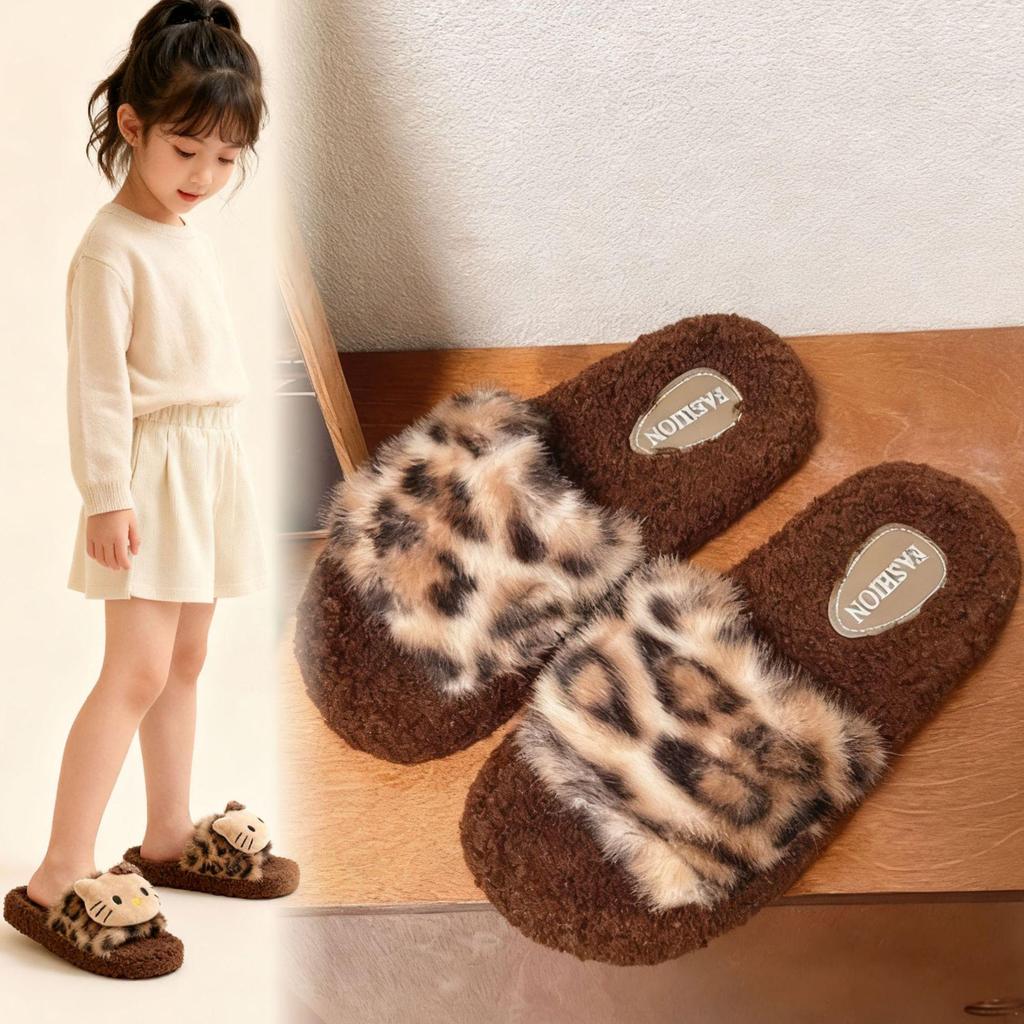 Женские осенне-зимние нескользящие плюшевые домашние тапочки с принтом кошки и леопарда – Милый хлопковый дизайн для родителей и детей