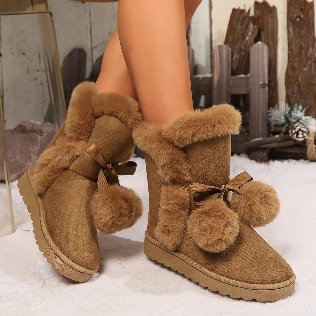 Новые зимние женские сапоги большого размера, хлопковые сапоги, хлопковая обувь с помпоном, женские сапоги средней высоты, теплые, универсальные, повседневные женские зимние сапоги