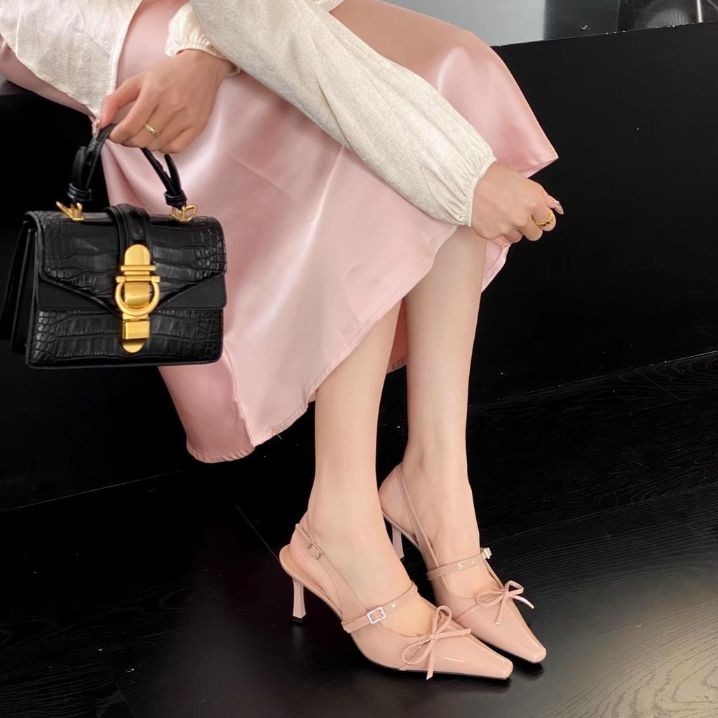 2025 весна французские сандалии с заостренным носком бант сумка на голову женские тонкие каблуки неглубокий носок высокие каблуки одно слово с темпераментом одиночные туфли