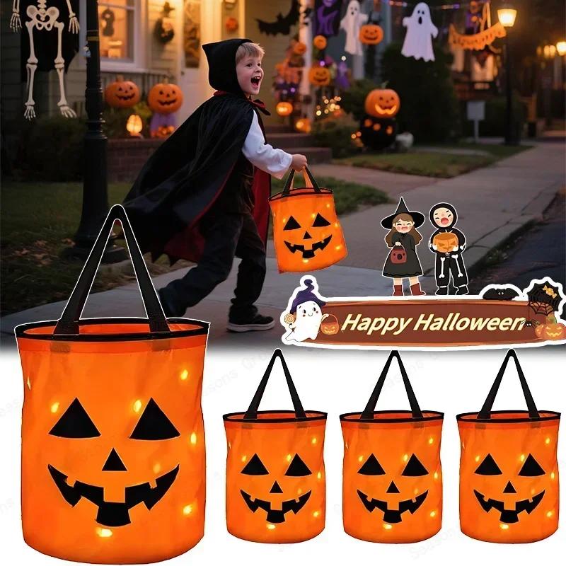 LED Glowing Pumpkin Candy Bag Reusable Halloween Christmas Treat Bag Battery Powered Light for Holiday Candy Exchange Christmas Gift