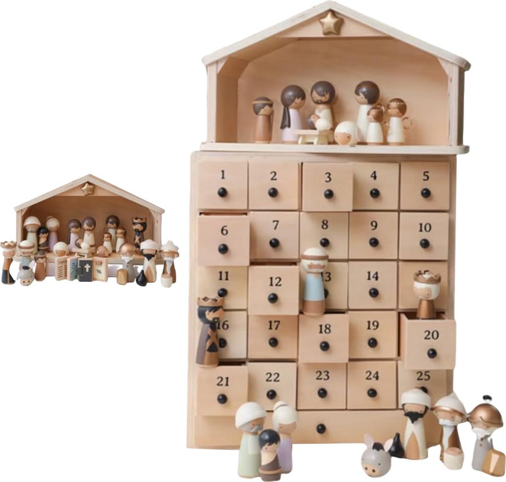 Advent Christmas Set, Wooden Advent Calendar With 25 Drawers, A Traditional Christmas Gift For Adults And Children.