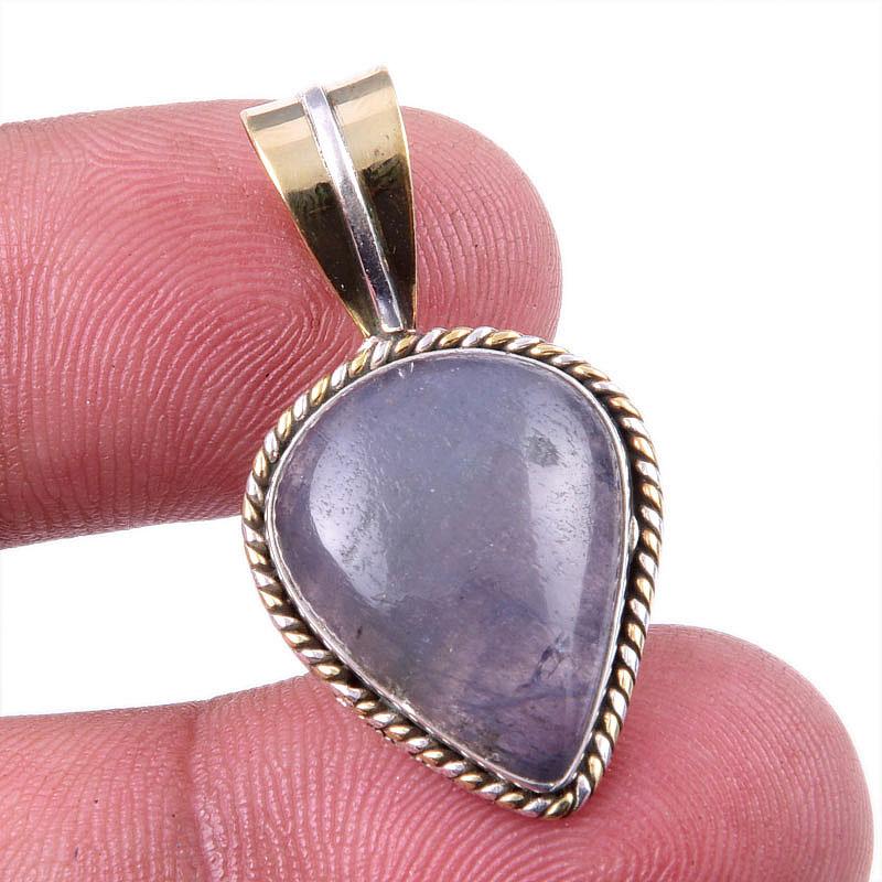 Natural Iolite Gemstone 925 Solid Sterling Silver Two Tone Pendant 1.25'' t5N76