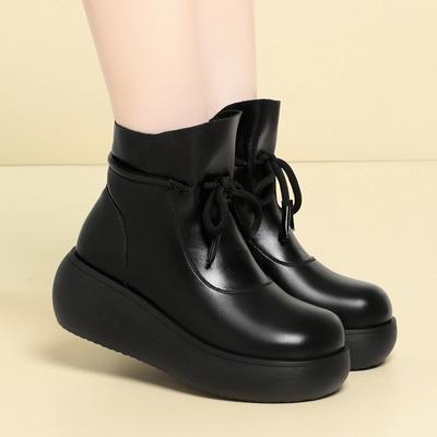 Осень и зима новые ретро толстая подошва мягкая кожа ботинки Мартина шнуровка легкие короткие ботинки бархатные теплые женские туфли удобная хлопковая обувь