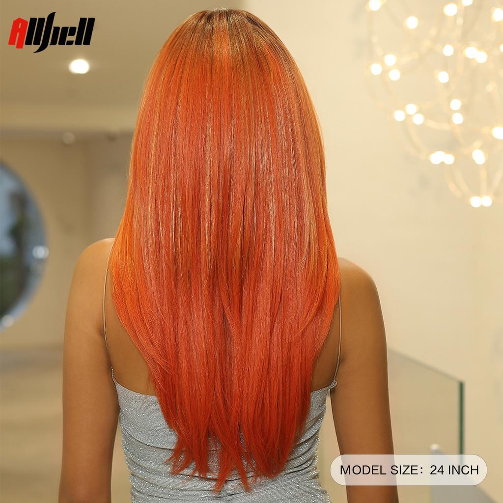 Long Layered Synthetic Wigs Orange Red Straight Bang Ombre Wig With Dark Roots Heat Resistant for Black Women Halloween Cosplay