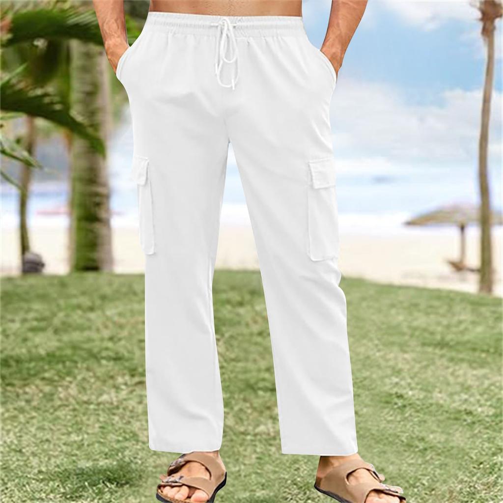 Брюки-карго из хлопка и льна с дышащей эластичной талией и шнурком, мужские повседневные свободные летние пляжные брюки