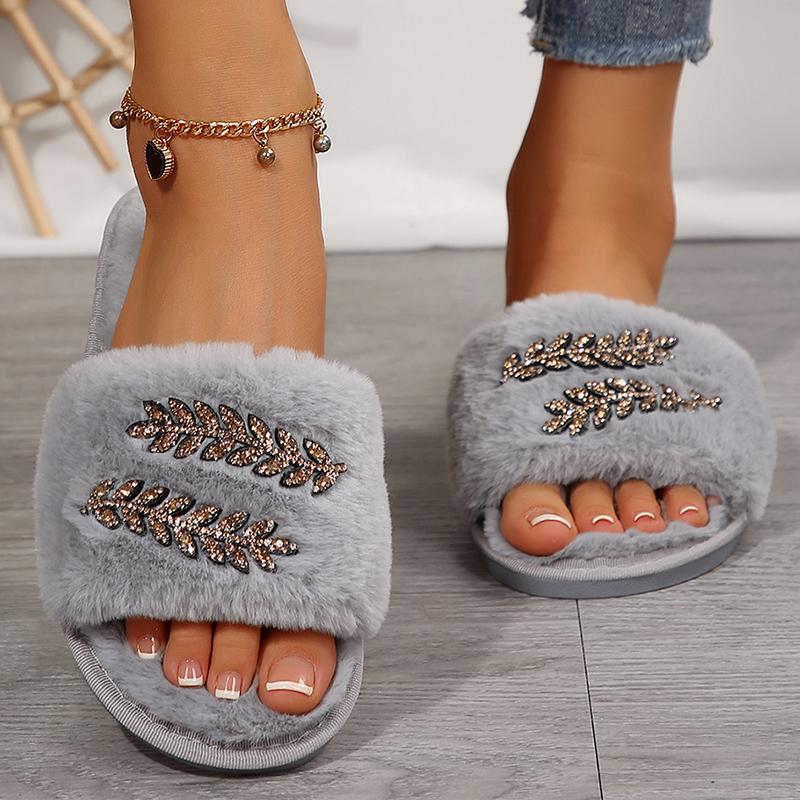 Fashion 2025 Winter Crystal Plush Slippers Women Light Non Slip Cotton Slippers Woman Indoor Faux Fur House Cotton Slides Female