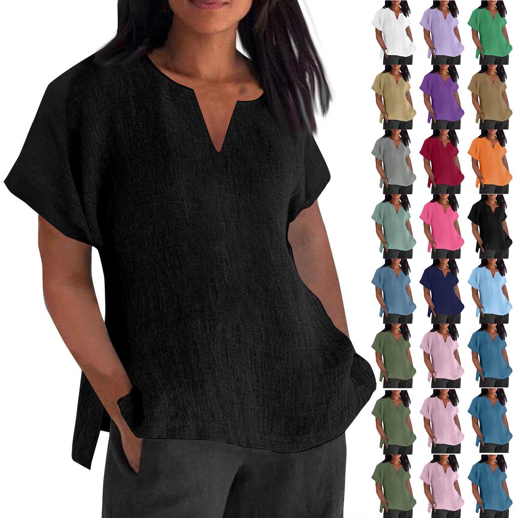 Women's Fashion Short Sleeve V-Neck Solid Colour Loose Casual Shirt Cotton Blouse
