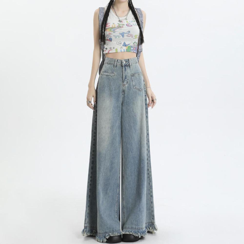 American Old Wide-leg Jeans Autumn High Waist Loose Washed Fringed Rough Edge Retro Mopping Straight Pants Tide