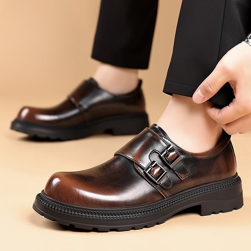 Fashionable Retro Men's Polished Big Toe Leather Shoes Autumn Men Buckle Comfortable Thick Soled Casual Shoes Mengke Trendy Shoe