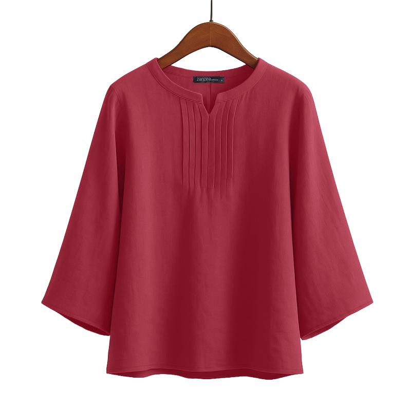 ZANZEA Women Casual V-Neck Solid Color Loose 3/4 Sleeve Blouse