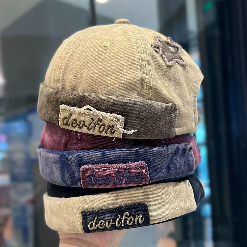 Ретро-вымытые джинсовые кепки без козырька для мужчин Streetwear Хип-хоп шляпы Шапки-бини с вышивкой букв и звезд, Дальнобойные кепки, Регулируемые купольные шляпы
