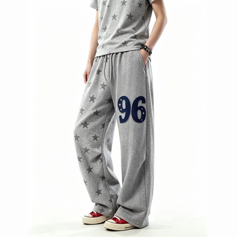 Unisex Retro Star Embroidery Patchwork Striped Loose Wide Leg Sweatpants Casual Pants