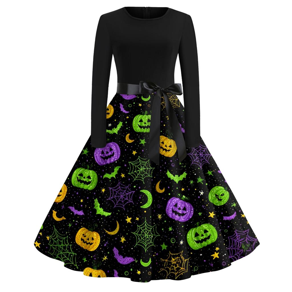 Women's Vintage Long Sleeve Round Neck Dress Halloween Party Printed Midi Dress with Belt Retro Style