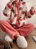 Cute Strawberry Print Fleece Ribbed Pajama Set, Cozy & Warm Long Sleeve Button Up V Neck Top & Elastic Pants, Women's Sleepwear & Loungewear