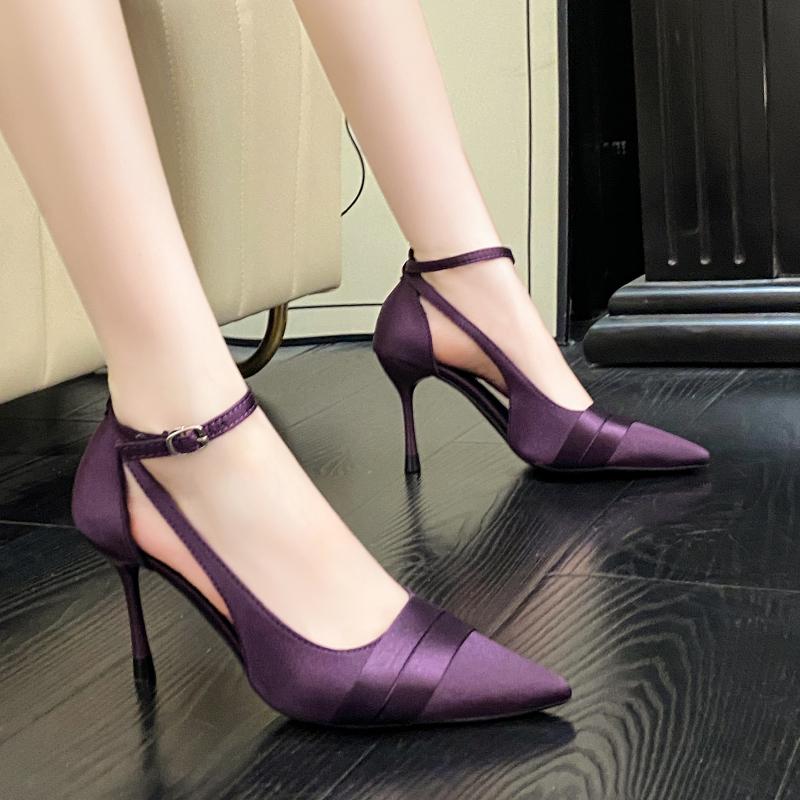 Fashion 2025 New Sexy Satin High Heels Pumps for Women Summer Ankle Strap Thin Heeled Ladies Shoes Pointed Toe Party Wedding Shoes