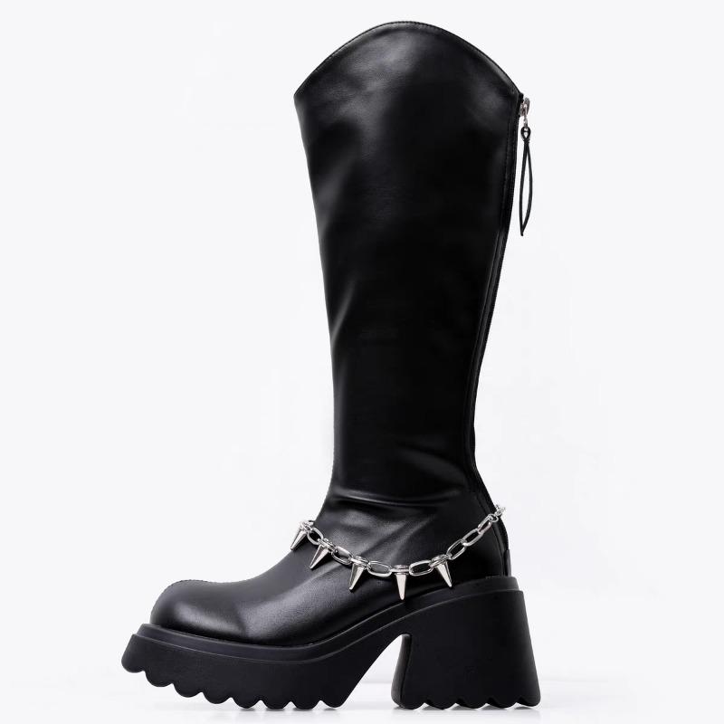 Chain High Heels Women Knee High Boots Fad Platform Leather Shoes Brand Designer Chunky Shoes Winter 2025 Trend Goth Botas Mujer