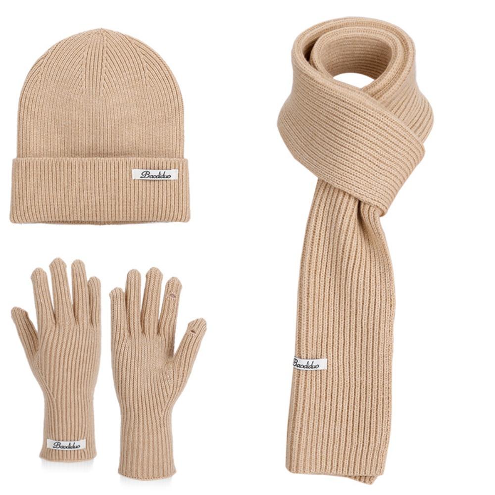 Solid Color Hat Scarf Gloves Set Warm Winter Beanie Hat Neck Protector Thermal Knit Cap  Skiing