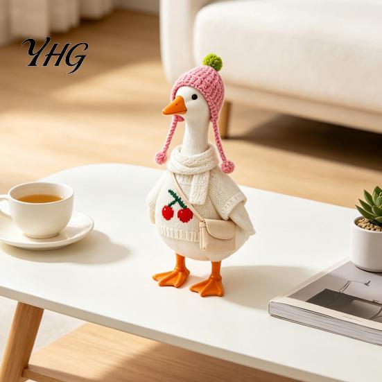 Office Desk Ornament 7 Inch Goose Outfits, 4 Pcs Knitted Sweater Hat Scarf Tabletop Figurine Set Crossbody Bag Winter Holiday Accessory for