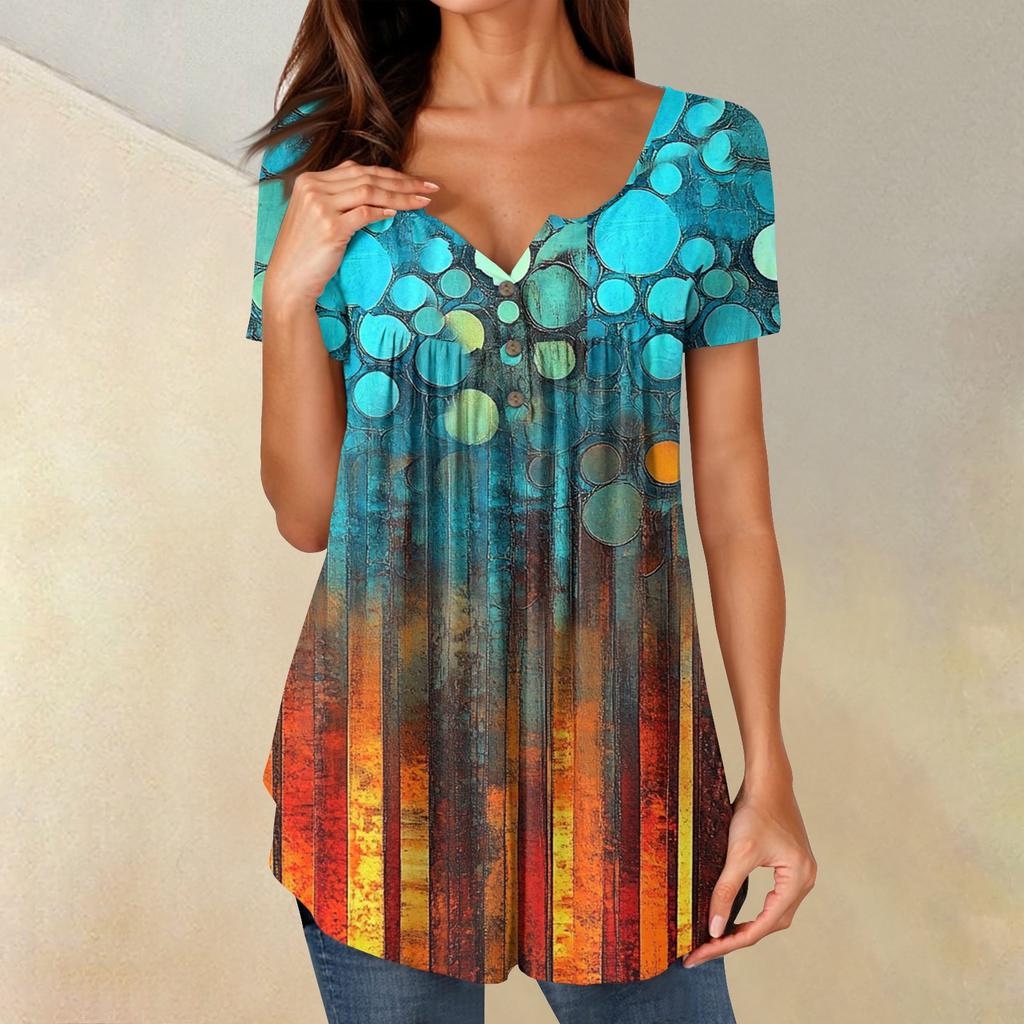 Women Tunic Tops Dressy Casual Summer Short Sleeve Shirts Loose Fit Pleated Boho Top