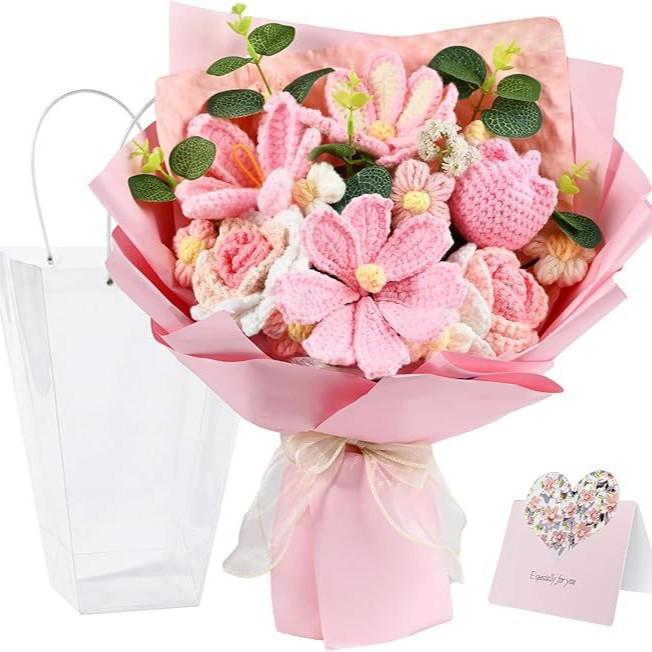 Handmade Knitted Yarn Bouquet: Crocheted Roses, Lilies, Tulips, and Gesang Flowers for Valentine's Day