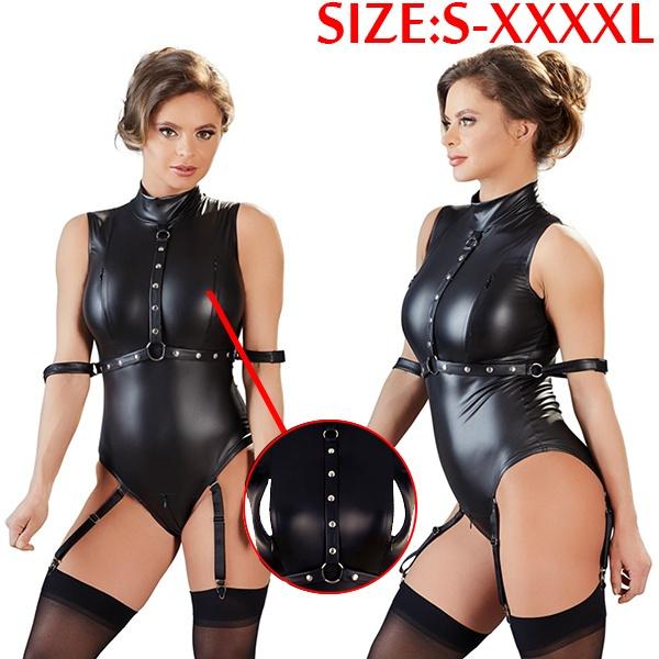 2021 Women's Latex Leather Bodysuit PVC Clubwear Femme Cosplay Costume Jumpsuit Zipper One Piece Suit Plus Size