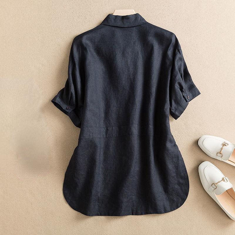 Дышащая и легкая хлопково-льняная рубашка для женщин со свободными короткими рукавами