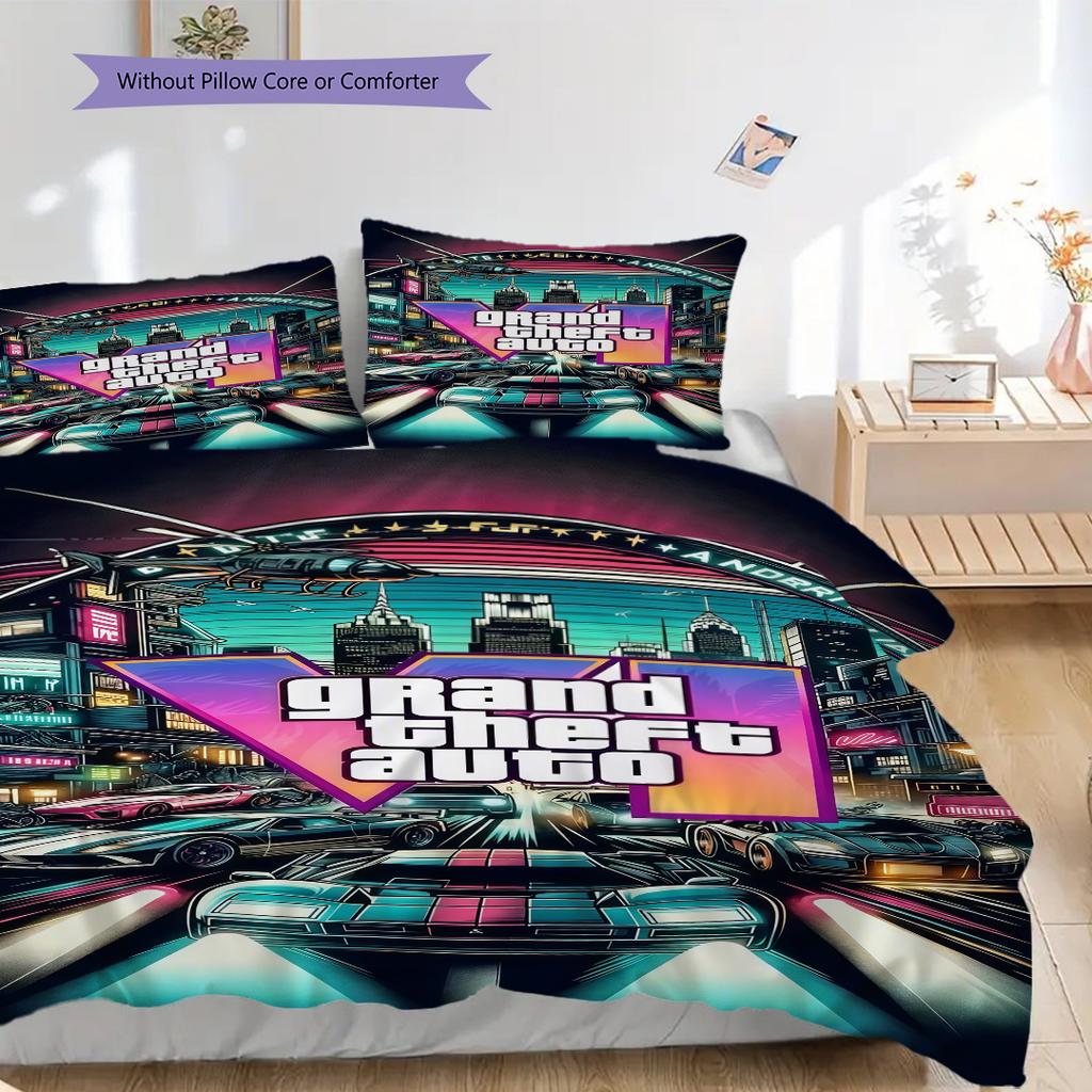 Grand Theft Auto Neon Cityscape Threepiece Set 1 Duvet Cover 2 Pillowcase Without Core Soft And Comfortable Bedding Set