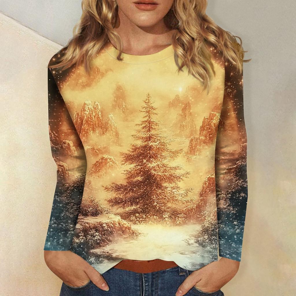 Рубашки с длинным рукавом для женщин Милые принты Футболки Блузки Повседневные Большие размеры Базовые топы Пуловеры Рождественские