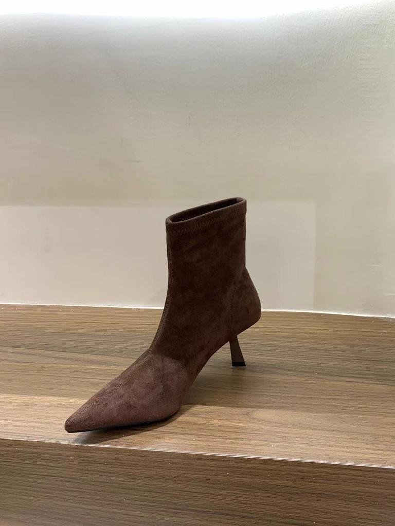 Женские туфли, короткие ботильоны хаки из замши на высоком каблуке с острым носком, новая весенне-осенняя одиночная обувь, корейские маленькие ботильоны