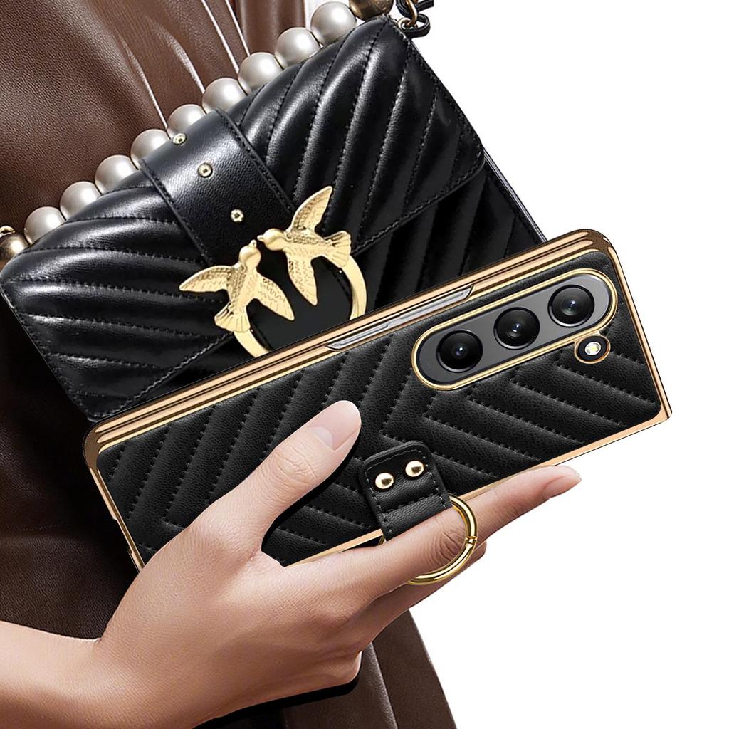 Чехол-книжка из ПУ кожи для Samsung Z Fold7/6/5 с подставкой-кольцом в виде ромбовидной решетки с гальваническим покрытием