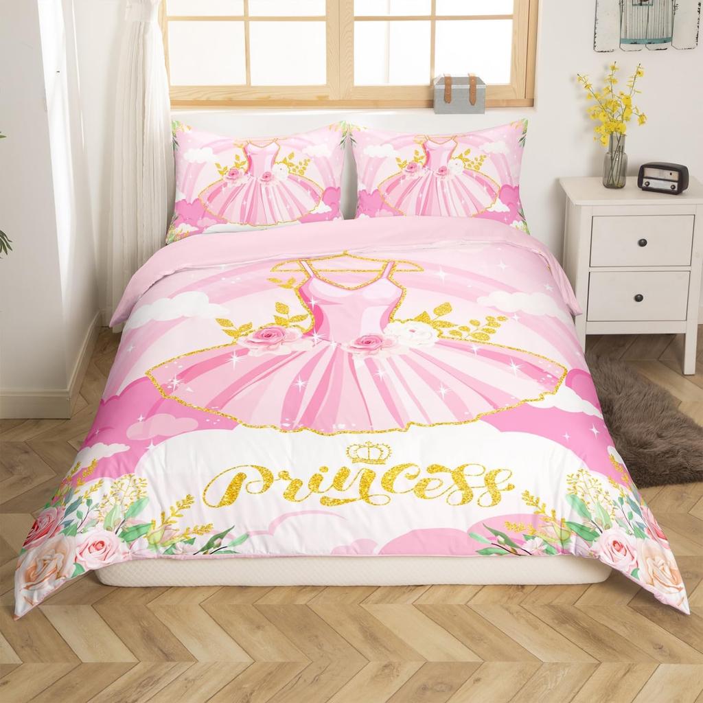 Fairy Tale Castle Bedding Set Twin QueenGirly Golden Castle Silhouette Duvet CoverBlooming Flowers Botanical Comforter Cover