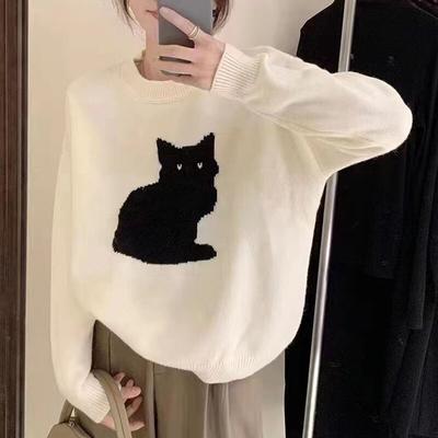 Корейский сладкий свитер с рисунком кота, пуловер, женский осенне-зимний повседневный свободный вязаный пиджак, женские модные топы с длинными рукавами 29212