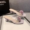 Fashion Aneikeh Summer Fashion Lace Flower Square Toe Women's Slippers High Heel Sandals Beach Slippers Zapatos Wedding Shoes Bride